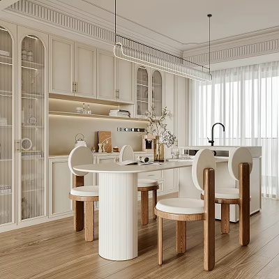 Modern Restaurant Interior With White Cabinets Dining Table Wooden Chairs And Pendant Lights 3d model