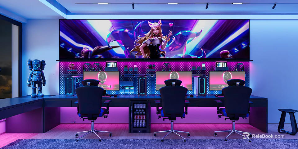 Cyber Cafe With Gaming PCs Ergonomic Chairs And Anime Character 3d model 