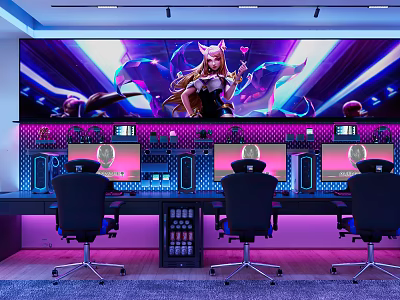 Cyber Cafe With Gaming PCs Ergonomic Chairs And Anime Character 3d model