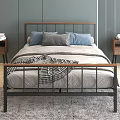 Double Bed with Wooden Metal Frame Gray Quilt Blue and Checkered Pillows Wooden Cabinet Mirror