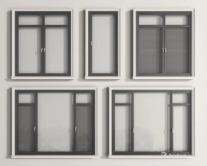 Various Modern Window Designs With Different Glass Patterns And Frames 3d model
