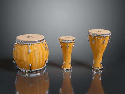 Three Sizes Wooden Yellow Percussion Drums With Chrome Hardware And Striped Design 3d model