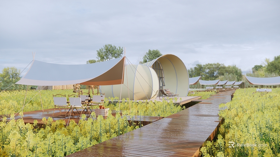 Modern Park Landscape With Wooden Walkway Yellow Flowers And Curved Tents 3d model 