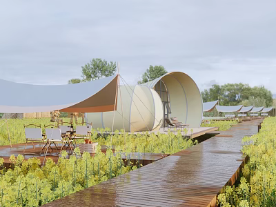 Modern Park Landscape With Wooden Walkway Yellow Flowers And Curved Tents 3d model