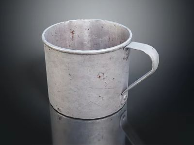 Silver Metal Cup With Handle Showing Scratches And Rust Spots On Reflective Dark Surface 3d model