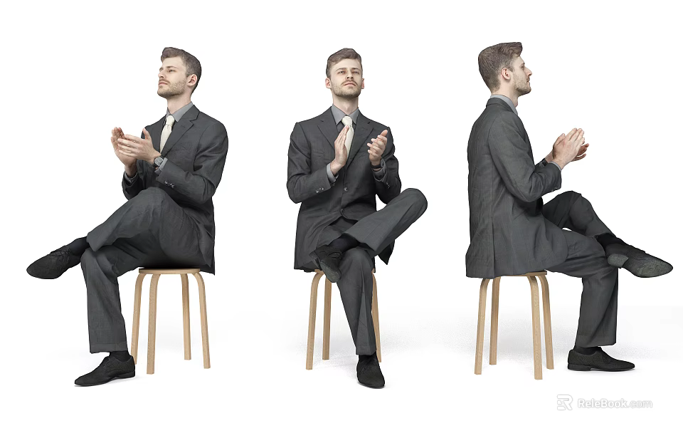 Man Clapping While Sitting On Wooden Chairs In Three Different Angles Wearing Suit 3d model 