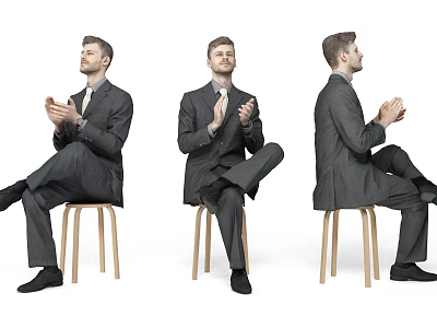 Man Clapping While Sitting On Wooden Chairs In Three Different Angles Wearing Suit 3d model