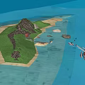 3D Rendered Island Garden Landscape With Green Grass Sandy Beach Water Area And Seaplane