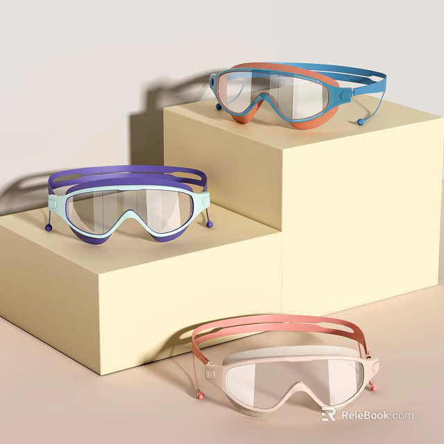 Colorful Protective Goggles Displayed on Yellow Stands with Blue Orange Pink Tones 3d model 