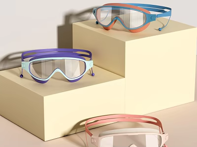 Colorful Protective Goggles Displayed on Yellow Stands with Blue Orange Pink Tones 3d model