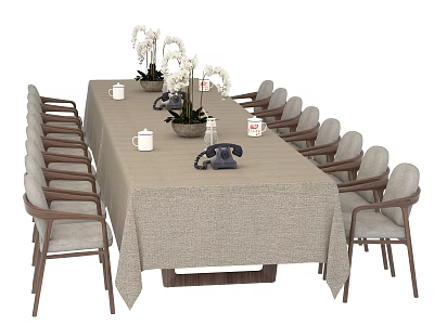 Long Dining Table With Beige Tablecloth Multiple Chairs White Flowers Telephone And Cups 3d model