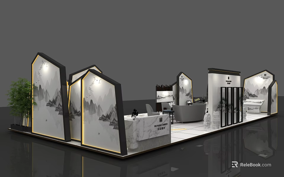 Modern Exhibition Reception Desk With Marble Countertop Landscape Painting And Green Plant Decor 3d model 
