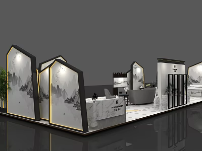 Modern Exhibition Reception Desk With Marble Countertop Landscape Painting And Green Plant Decor 3d model