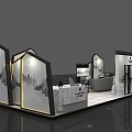 Modern Exhibition Reception Desk With Marble Countertop Landscape Painting And Green Plant Decor