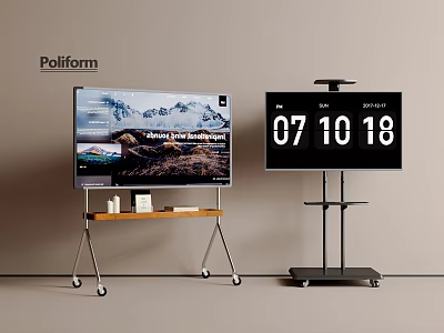 Poliform Televisions on Wooden Wheeled Stand and Black Stand Displaying Mountain View and Time 07 10 18 3d model