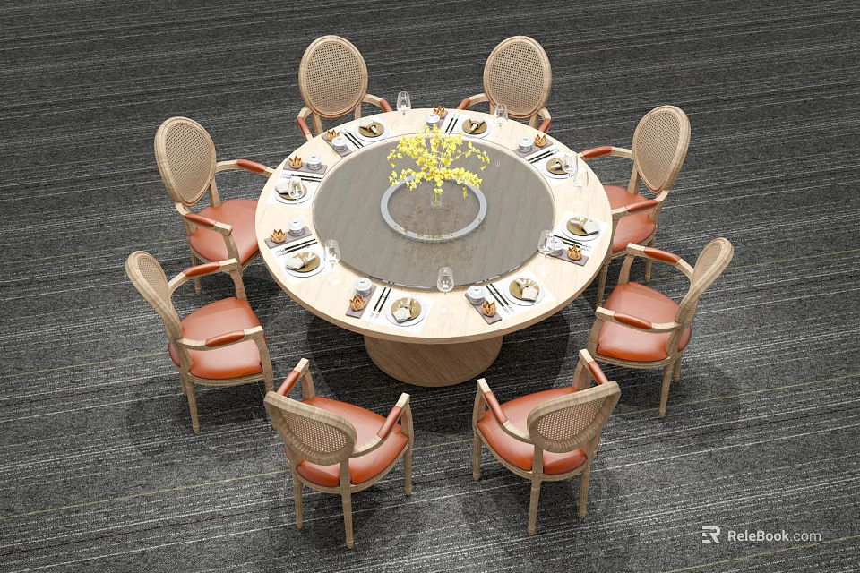Round Dining Table Set With Rattan Backrest Chairs Orange Cushions Lazy Susan And Yellow Flowers 3d model 