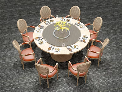 Round Dining Table Set With Rattan Backrest Chairs Orange Cushions Lazy Susan And Yellow Flowers 3d model