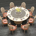 Round Dining Table Set With Rattan Backrest Chairs Orange Cushions Lazy Susan And Yellow Flowers