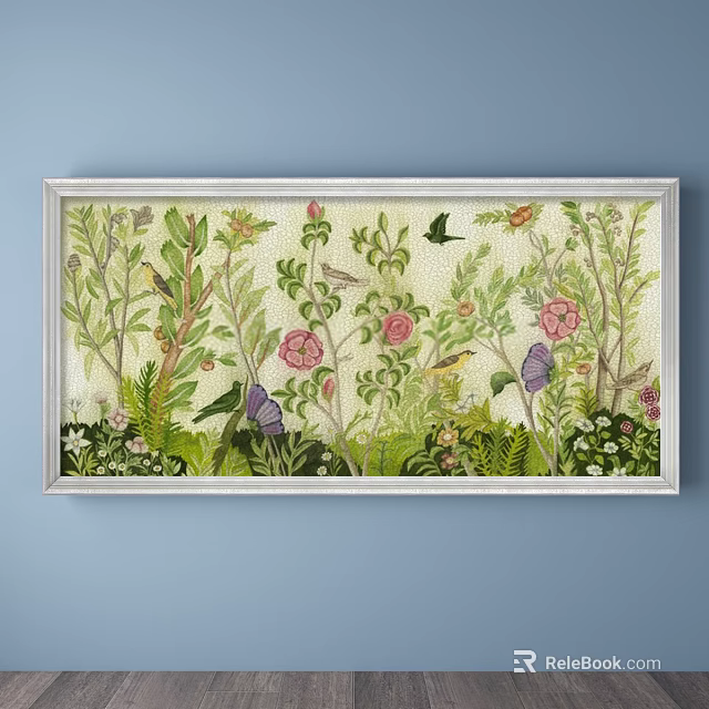 Botanical Painting With Green Plants Pink Flowers Butterflies Birds In Silver Frame On Blue Wall 3d model 