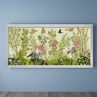 Botanical Painting With Green Plants Pink Flowers Butterflies Birds In Silver Frame On Blue Wall 3d model