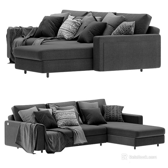 Dark Gray L shaped Double Sofa Design With Multiple Patterned Cushions And Throw Blanket 3d model