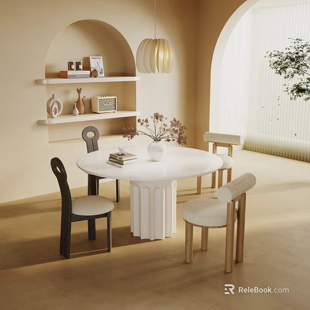 Round White Pedestal Dining Table Set With Mixed Chairs Shelf Decor And Pendant Light 3d model 