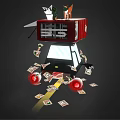 Red Box Shaped Machine With Small Dogs And Scattered Money Notes On Dark Background 3d model