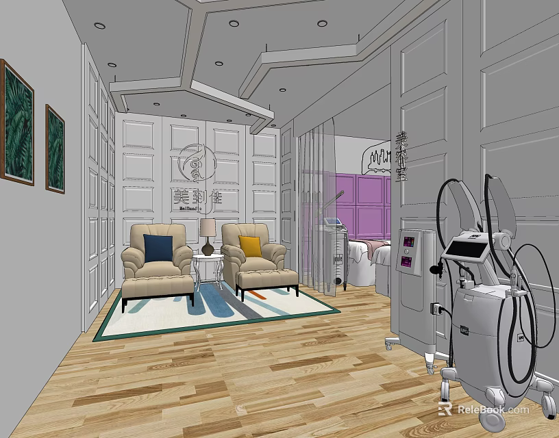 Elegant Hair and Beauty Salon Interior With Comfortable Armchairs Beauty Equipment And Wooden Flooring 3d model 