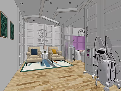 Elegant Hair and Beauty Salon Interior With Comfortable Armchairs Beauty Equipment And Wooden Flooring 3d model