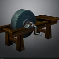 Traditional Wooden Bench With Stone Grinding Wheel And Metal Handle Structure