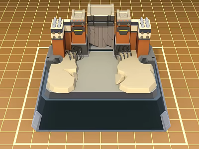 Blocky Building With Brown Tower Like Structures Gray Central Passageway And Beige Base Platform 3d model