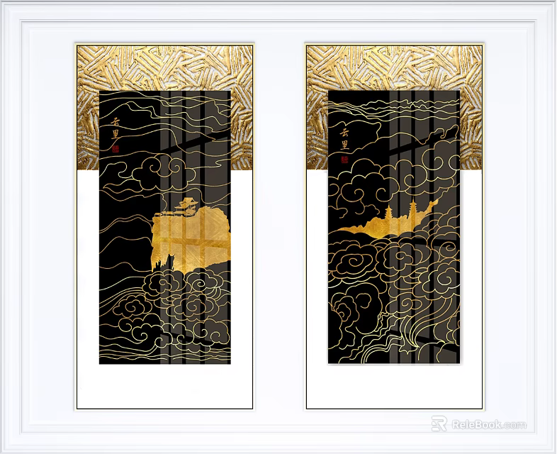 Two Black Decorative Wall Arts With Golden Cloud Patterns And Frames 3d model
