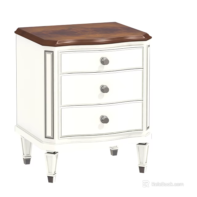 Modern White Bedside Table With Wooden Top Three Drawers Silver Knobs And Legs 3d model