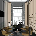Spacious Duplex Living Room Interior With Orange Sofas White Spiral Staircase And Marble Walls