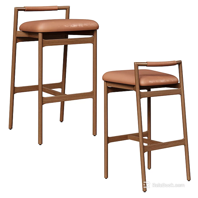 Modern Wooden Bar Stools With Brown Leather Seats And Stylish Frame Design 3d model 