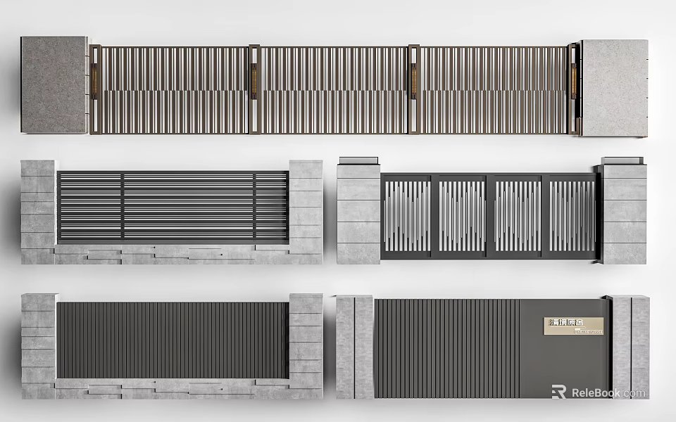 Modern Entrance Gate Design With Slatted Metal Panels And Stone Pillars 3d model 