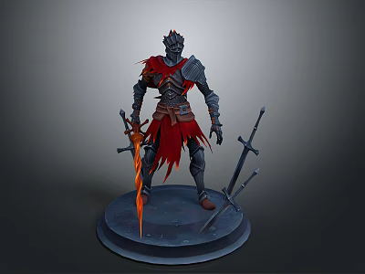 Armored Man Statue With Red Cape Holding Swords On Display Base 3d model