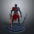 Armored Man Statue With Red Cape Holding Swords On Display Base