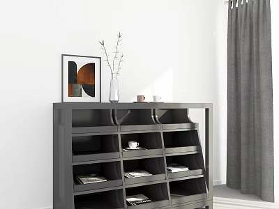 Dark Gray Modern Entryway Console Table Featuring Storage Shelves Decorative Vase And Books 3d model