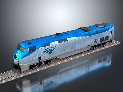 Amtrak Passenger Train With Blue And Silver Exterior On Tracks 3d model
