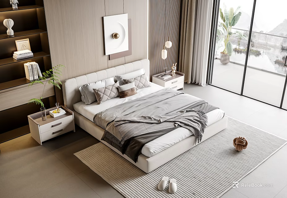 Elegant Modern Bedroom Interior With Double Bed Nightstands Rug Window Greenery And Wall Art 3d model 