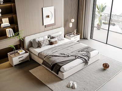 Elegant Modern Bedroom Interior With Double Bed Nightstands Rug Window Greenery And Wall Art 3d model
