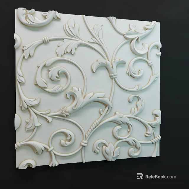 White Ornate Wall Panel with Intricate Scroll Floral and Leaf Designs 3d model 
