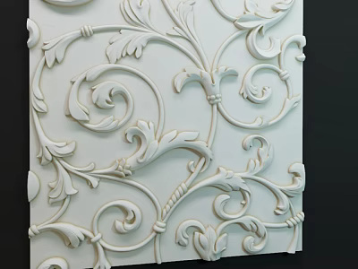 White Ornate Wall Panel with Intricate Scroll Floral and Leaf Designs 3d model