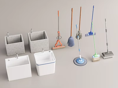 Home Cleaning Tools Collection With Mops Brooms Buckets And Storage Bins 3d model