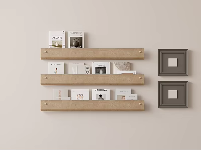 Photo Wall Featuring Beige Wall Three Wooden Shelves Displaying Books And Hanging Dark Frames 3d model