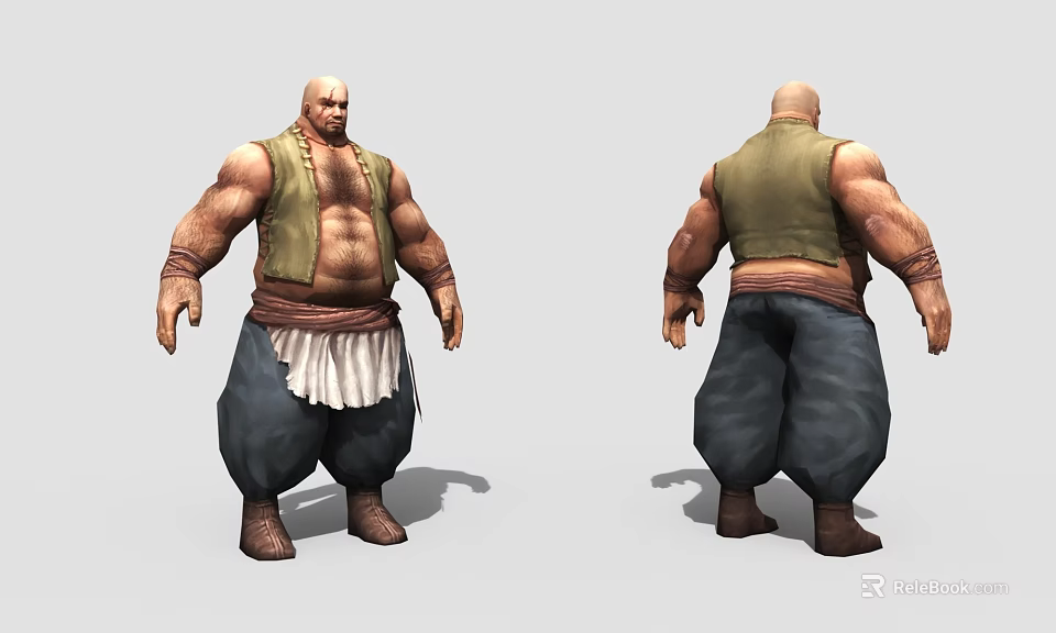 Game Movie Muscular Male Character Wearing Green Vest White Apron Dark Pants With Two Views 3d model 