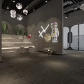 Hotpot Restaurant Modern Interior With Open Space Gray Walls Red Sculpture And Fireplace