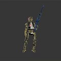 Mechanical Robot Character Standing With Rifle And Red Detail In Metallic Design