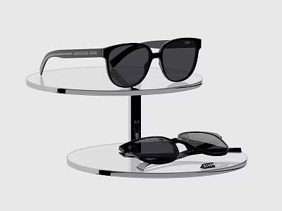 Black Sunglasses Displayed On Two Tiered Transparent Stand With Modern Design 3d model